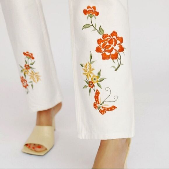 Reformation Jeans Cynthia High Rise Straight Leg Embroidered White 23 NEW $198 - Picture 2 of 12